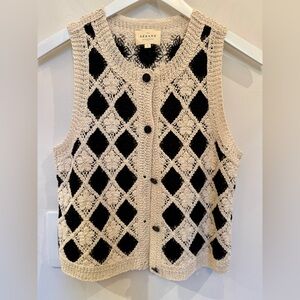 Sézane Ron Top, Black and Cream Crochet Knit Sweater Vest, S